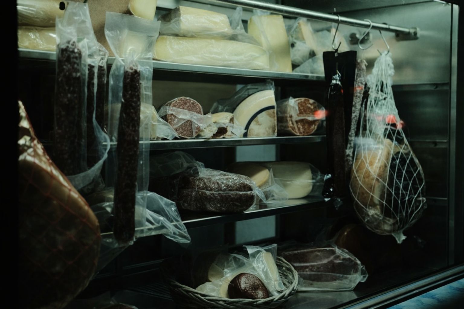 Et glassskap med pølser, skinker og ost pakket i plast, relevant for mathåndtering.